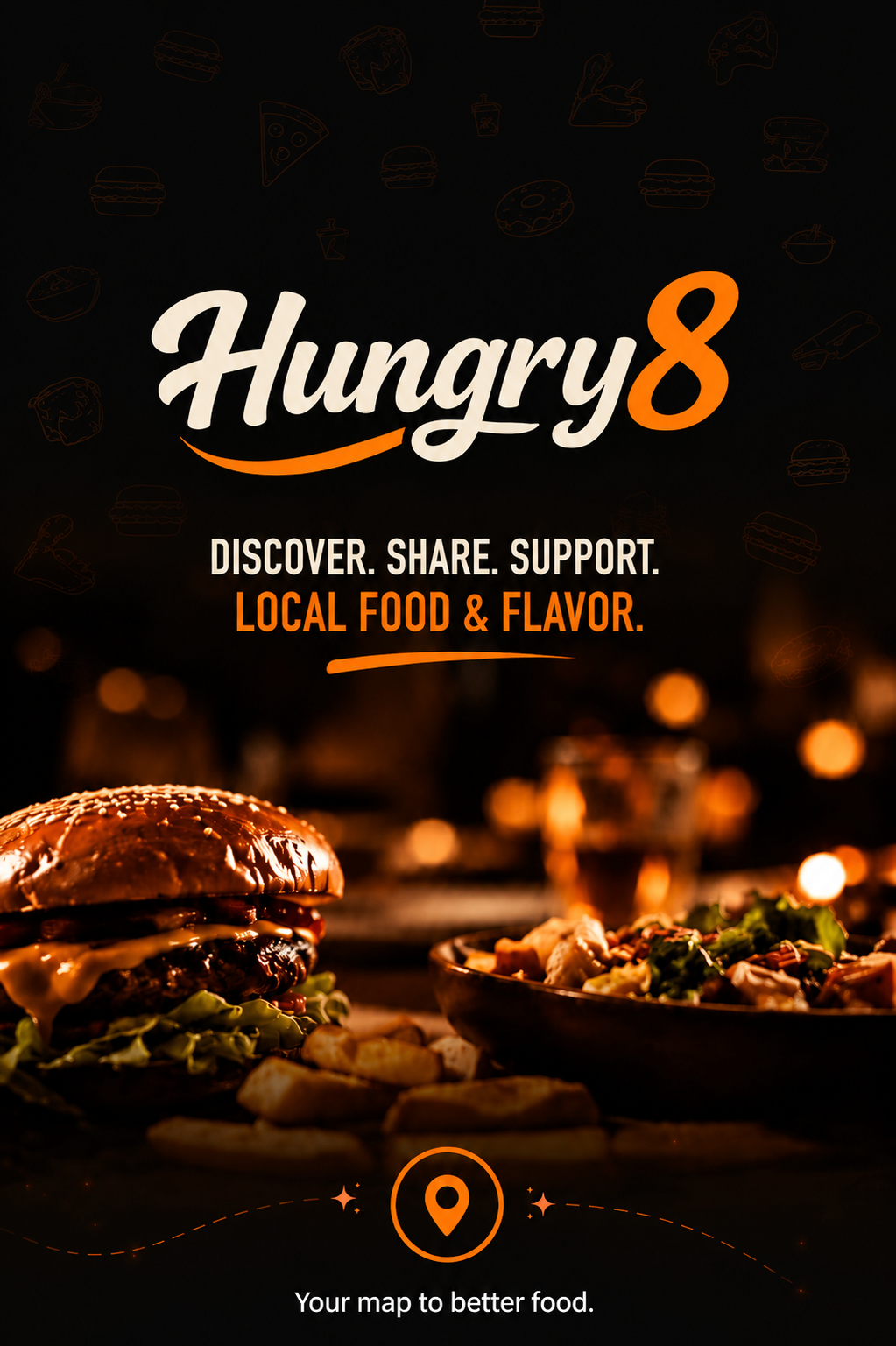 Current Hungry8 app splash screen with the Hungry8 logo and local food message